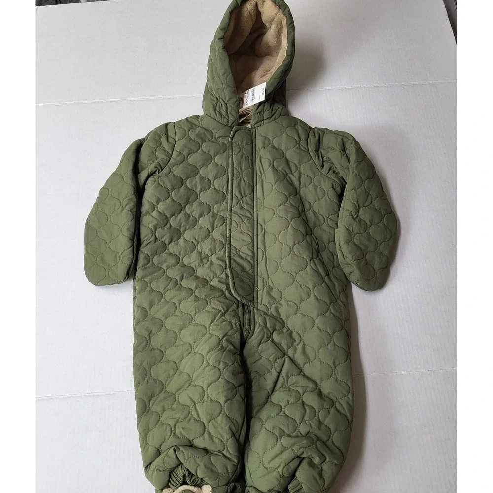 First Impressions 18 months Quilted Sherpa Lined Snowsuit Hooded Olive Green NWT